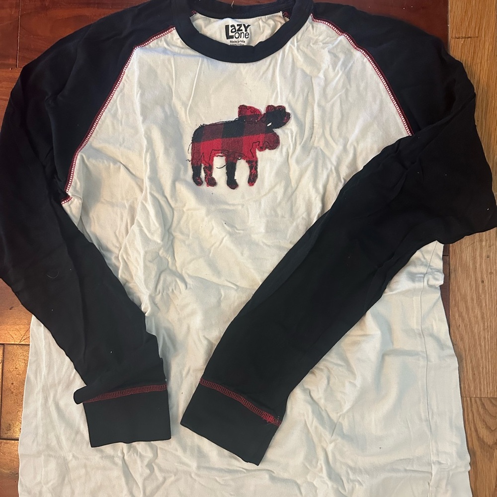 Lazy One Black and White Long Sleeve Shirt with Plaid Moose